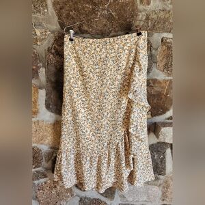 Calvin Klein Cream Yellow Floral Ruffle Midi Skirt Size Large